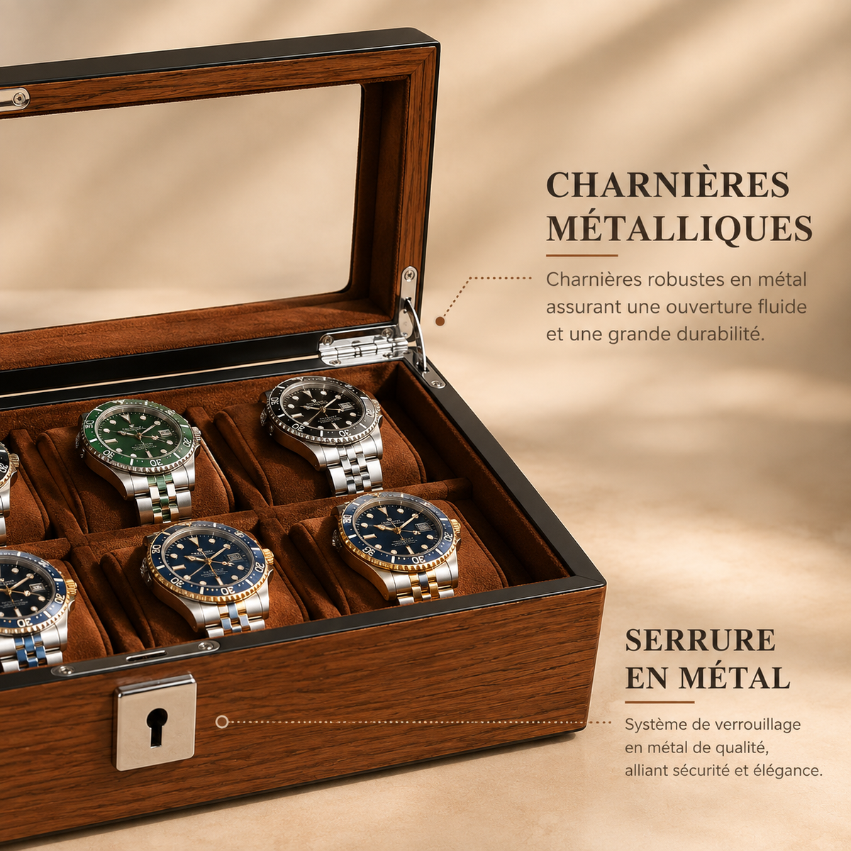 Boîte à montres en bois marron, détails des charnières et de la serrure métalliques
