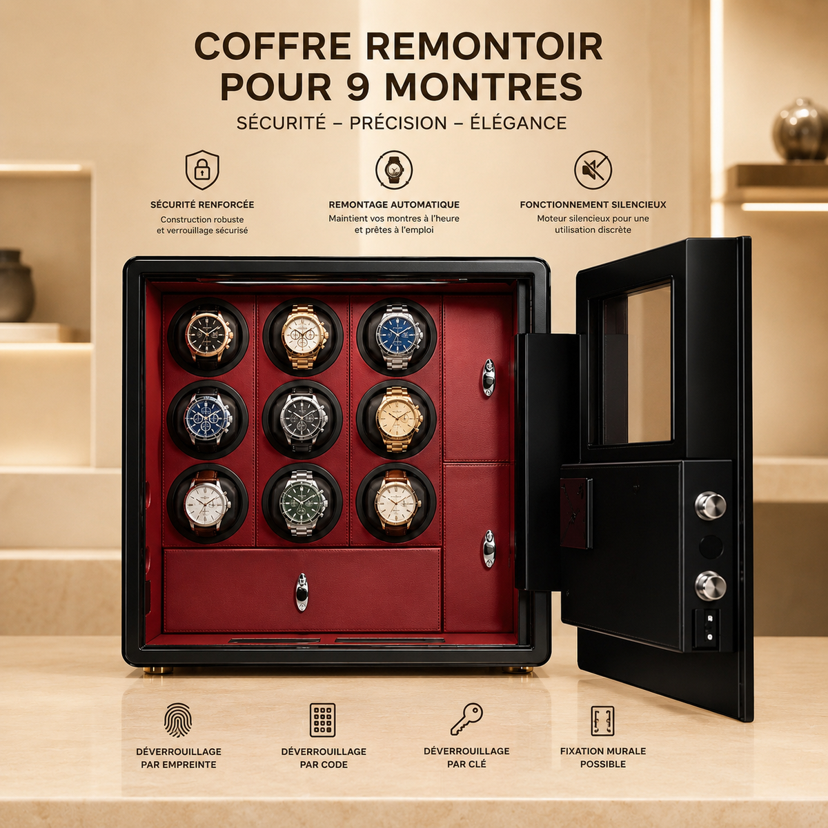Coffre remontoir automatique noir pour 9 montres, intérieur rouge bordeaux, méthodes de déverrouillage : empreinte, code, clé