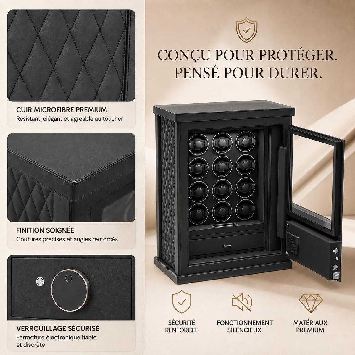 Coffre-fort remontoir automatique noir, détails de la finition et du verrouillage sécurisé
