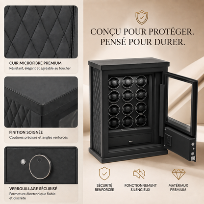 Coffre-fort remontoir automatique noir, détails de la finition et du verrouillage sécurisé