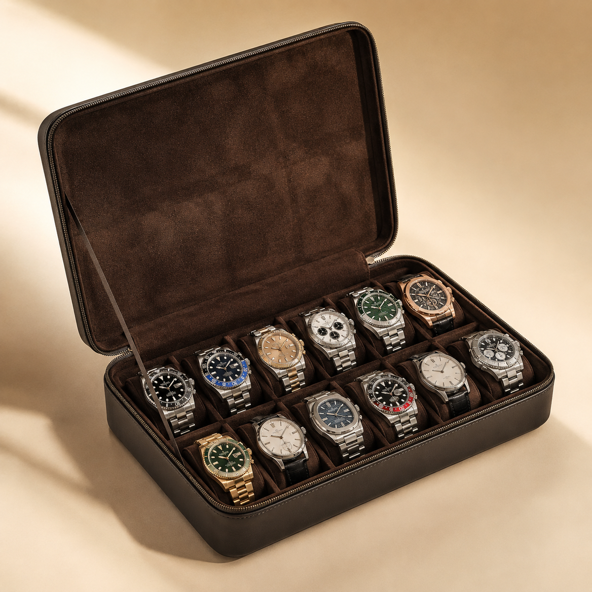 Étui à montres de voyage en cuir nubuck marron, ouvert et zippé avec 12 montres – vue 2