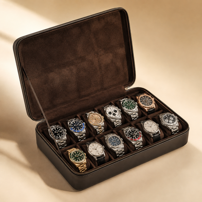 Étui à montres de voyage en cuir nubuck marron, ouvert et zippé avec 12 montres – vue 2