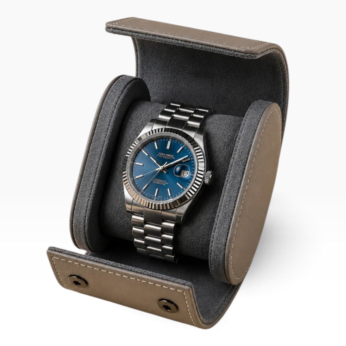Étui à montre en cuir gris ouvert avec 1 montre