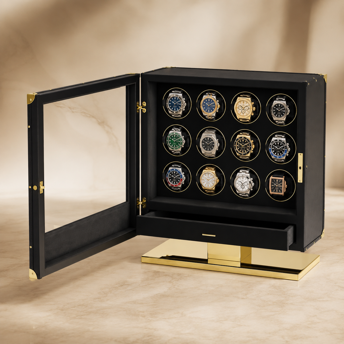 Remontoir automatique noir avec 12 montres, porte vitrée ouverte – vue 2