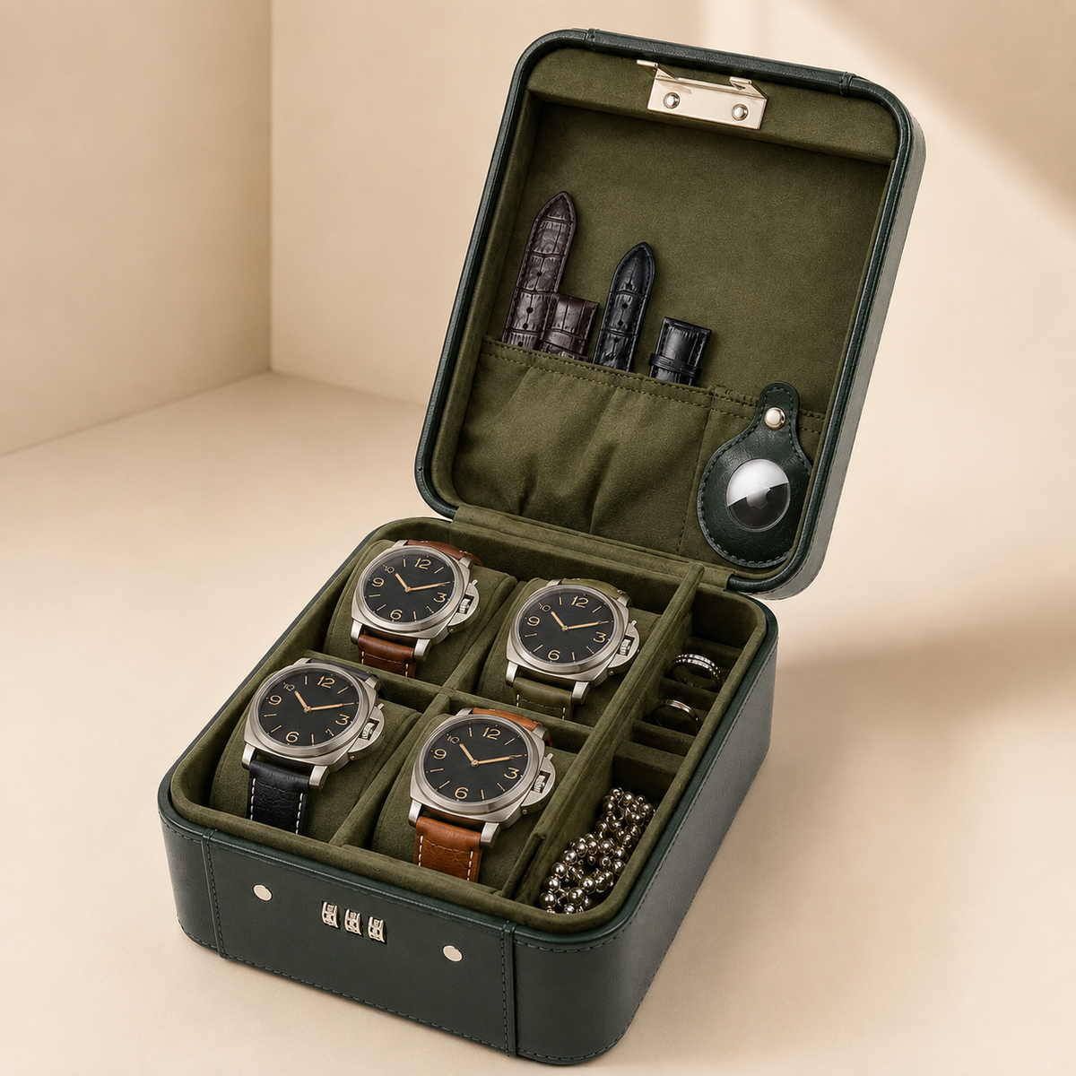 Boîte à montres en cuir vert ouverte avec 4 montres, vue de face