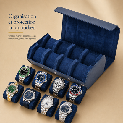 Boîte à montres en cuir bleu saphir ouverte, 8 compartiments