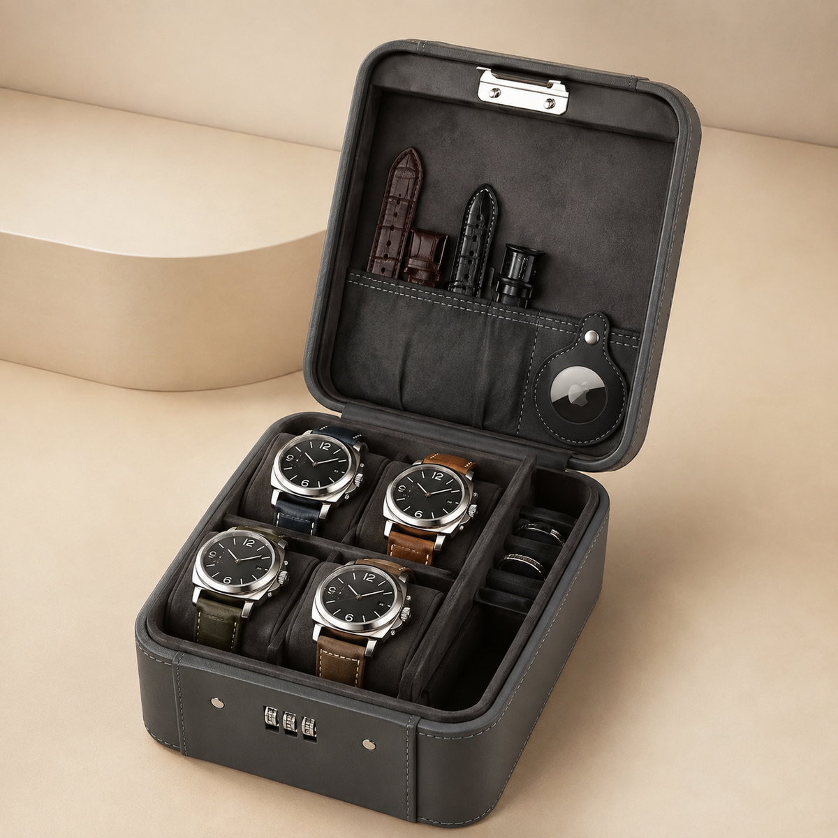 Boîte à montres en cuir gris ouverte avec 4 montres