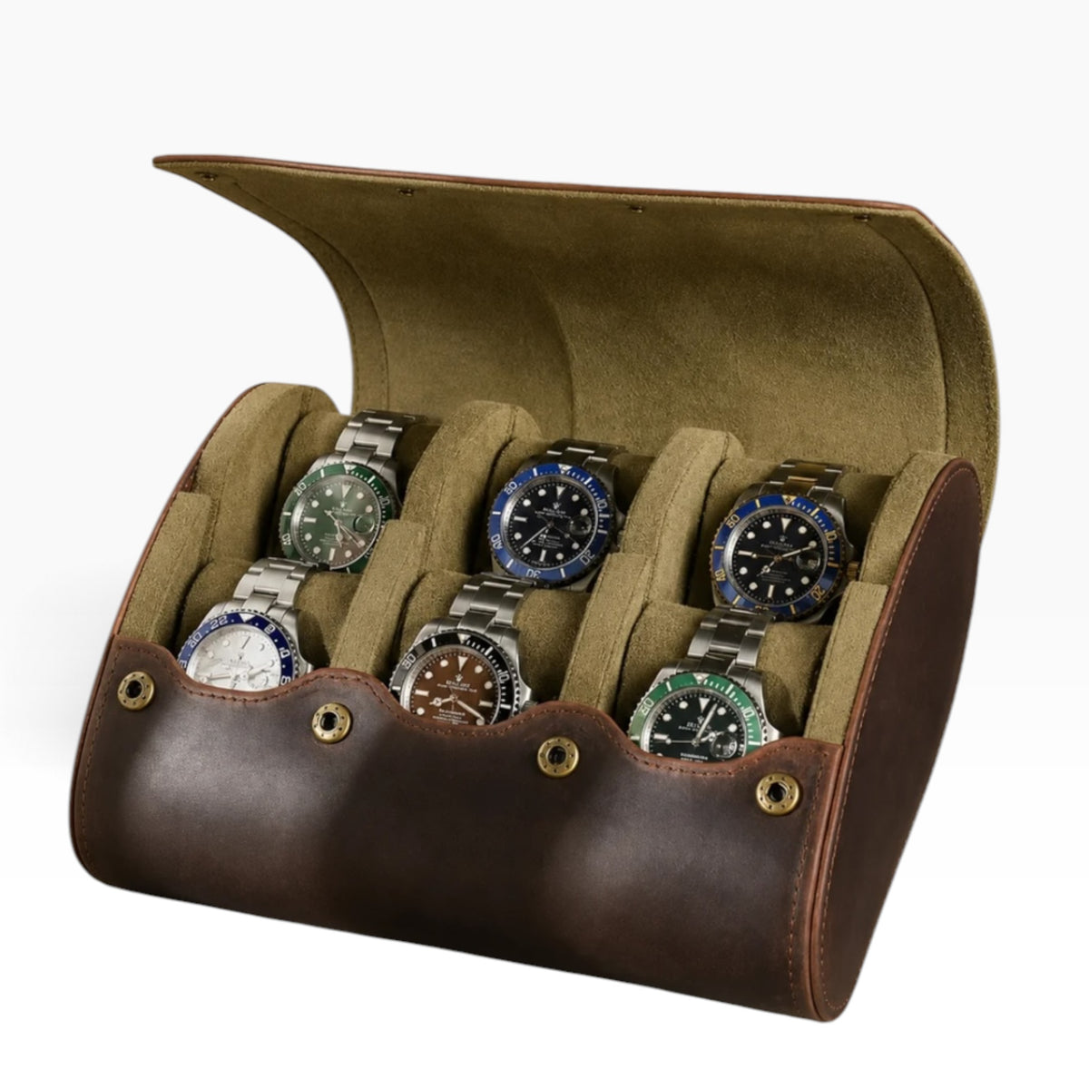 Étui à montres de voyage en cuir marron, intérieur kaki, ouvert avec 6 montres