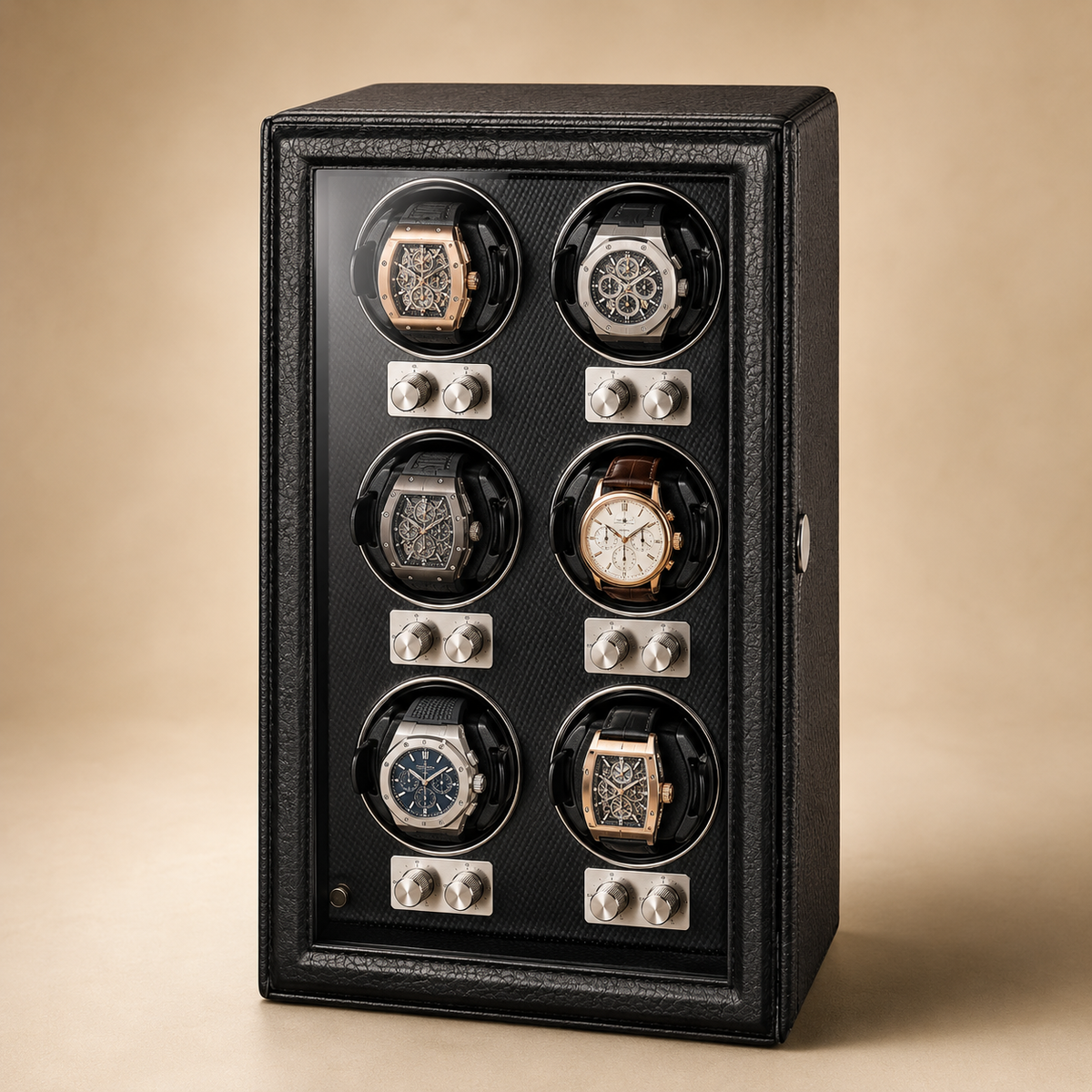 Remontoir pour montres automatiques en cuir PU noir, façade vitrée avec 6 montres et boutons de réglage individuels