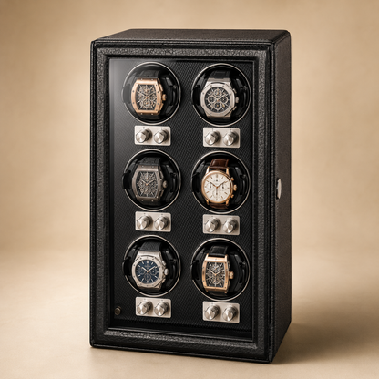 Remontoir pour montres automatiques en cuir PU noir, façade vitrée avec 6 montres et boutons de réglage individuels