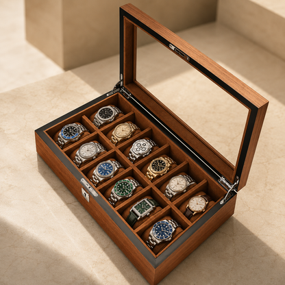 Boîte à montres en bois marron ouverte avec 12 montres – vue 2