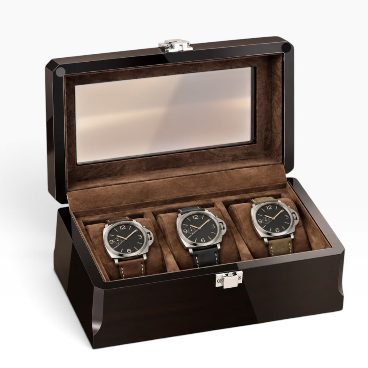 Boîte à montres en bois laqué ébène, ouverte avec 3 montres, intérieur brun et couvercle vitré