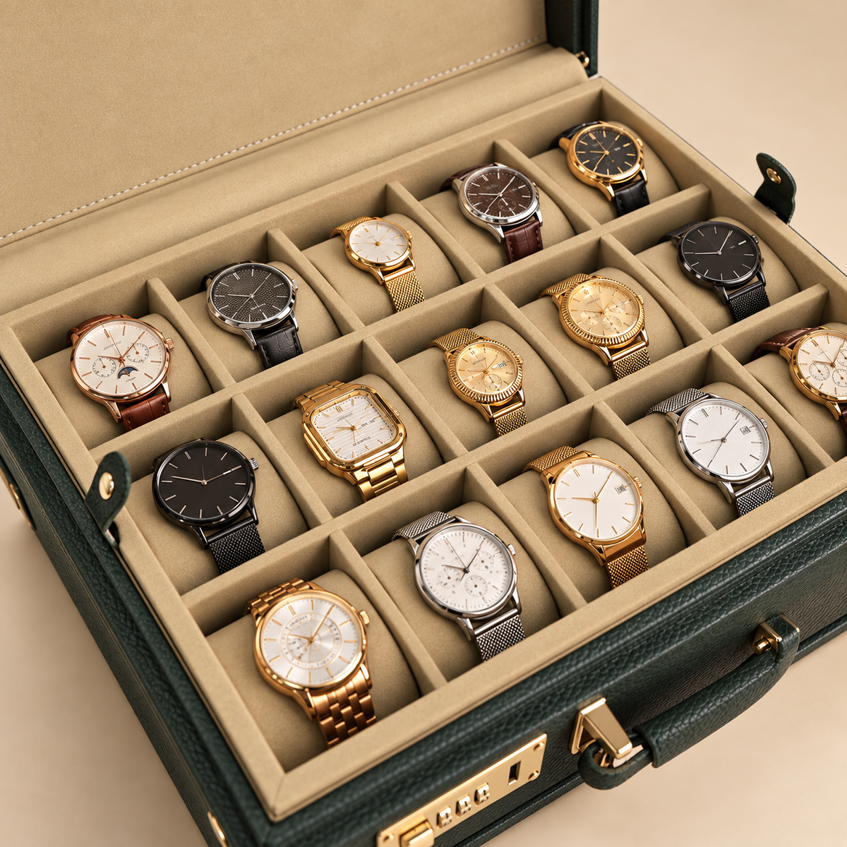 Boîte à Montres Vert en Cuir Microfibre – 15 Montres