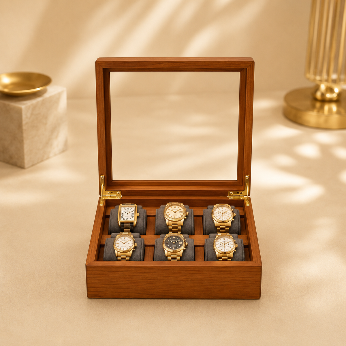 Boîte à montres en bois massif clair, ouverte avec 6 montres dorées, en décor