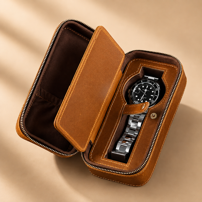 Étui de voyage en cuir caramel, montre maintenue par une lanière et poche accessoire