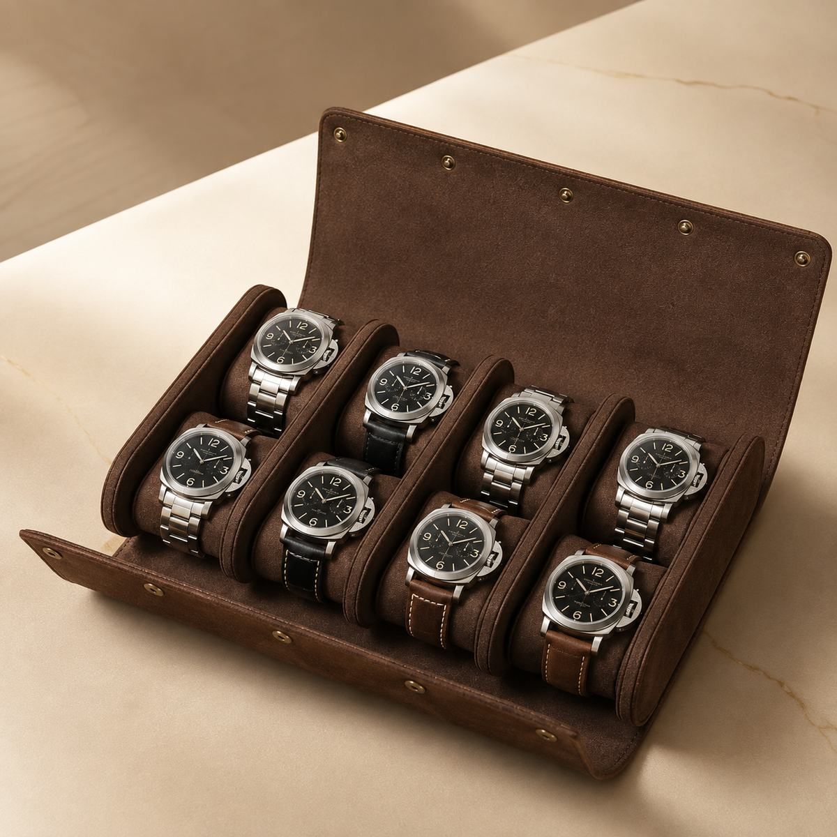 Étui de voyage à montres en cuir véritable marron à rabat, ouvert avec 8 montres, posé sur une table