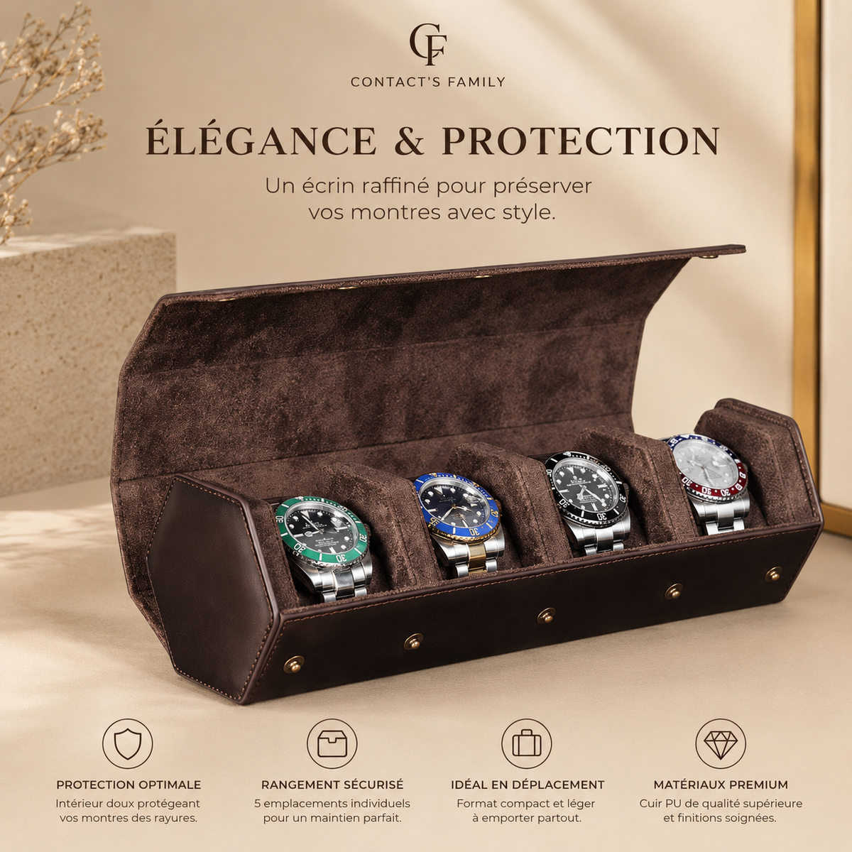 Étui à montres en cuir marron ouvert avec 4 montres, visuel marketing