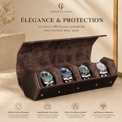 Étui à montres en cuir marron ouvert avec 4 montres, visuel marketing