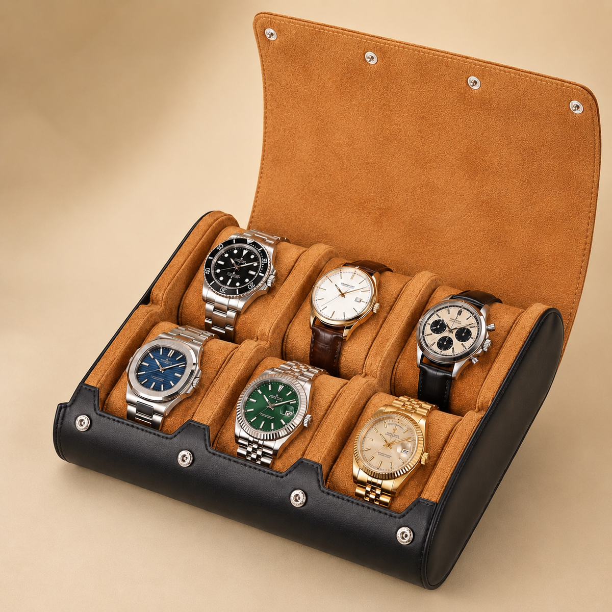 Étui à montres de voyage en cuir végan noir et ocre, ouvert avec 6 montres – vue 3