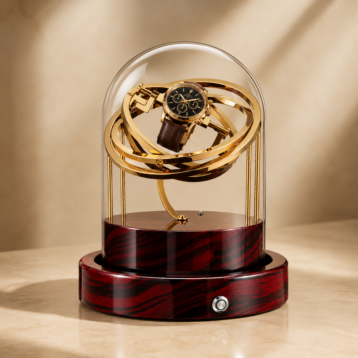 Remontoir automatique gyroscopique doré pour 1 montre, socle finition ronce de noyer – vue 2
