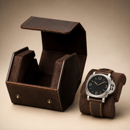 Étui à montre en cuir marron vide, montre posée à côté sur coussin
