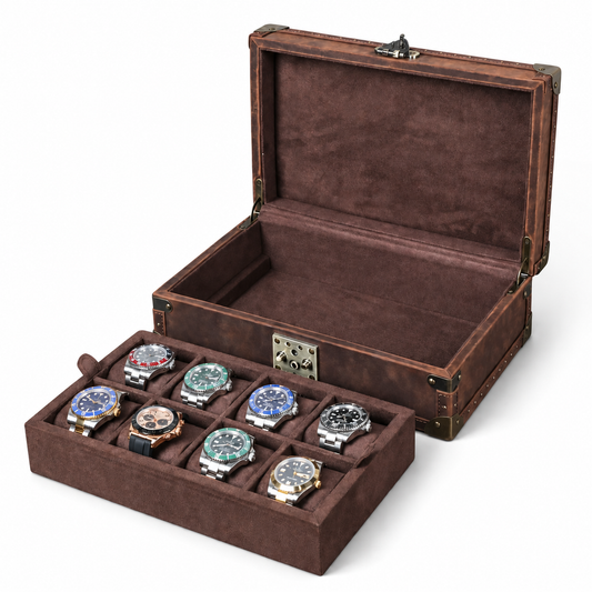 Coffret à montres en cuir Crazy Horse marron café style malle, ouvert avec plateau amovible sorti et 8 montres
