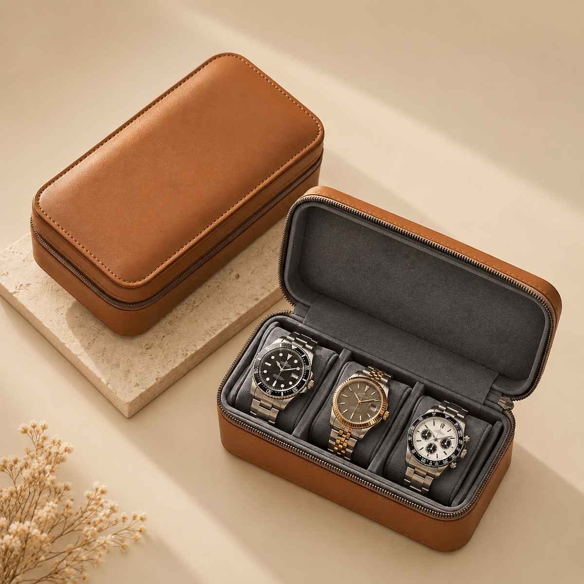 Étui à montres en cuir camel fermé et ouvert avec 3 montres