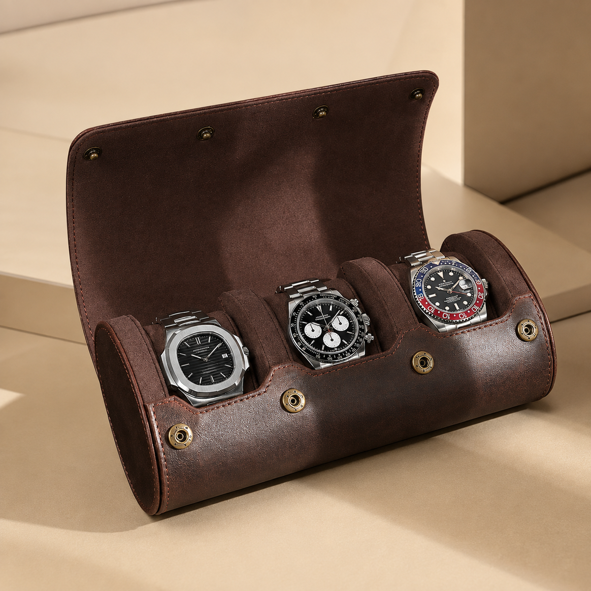 Étui à montres de voyage en cuir Crazy Horse marron, ouvert avec 3 montres – vue 4