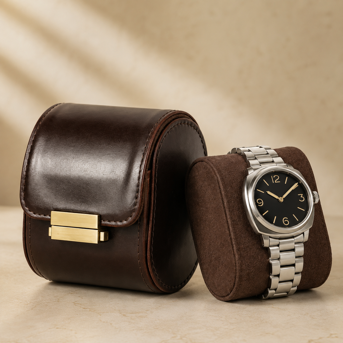 Étui à montre en cuir marron et montre posée sur coussin