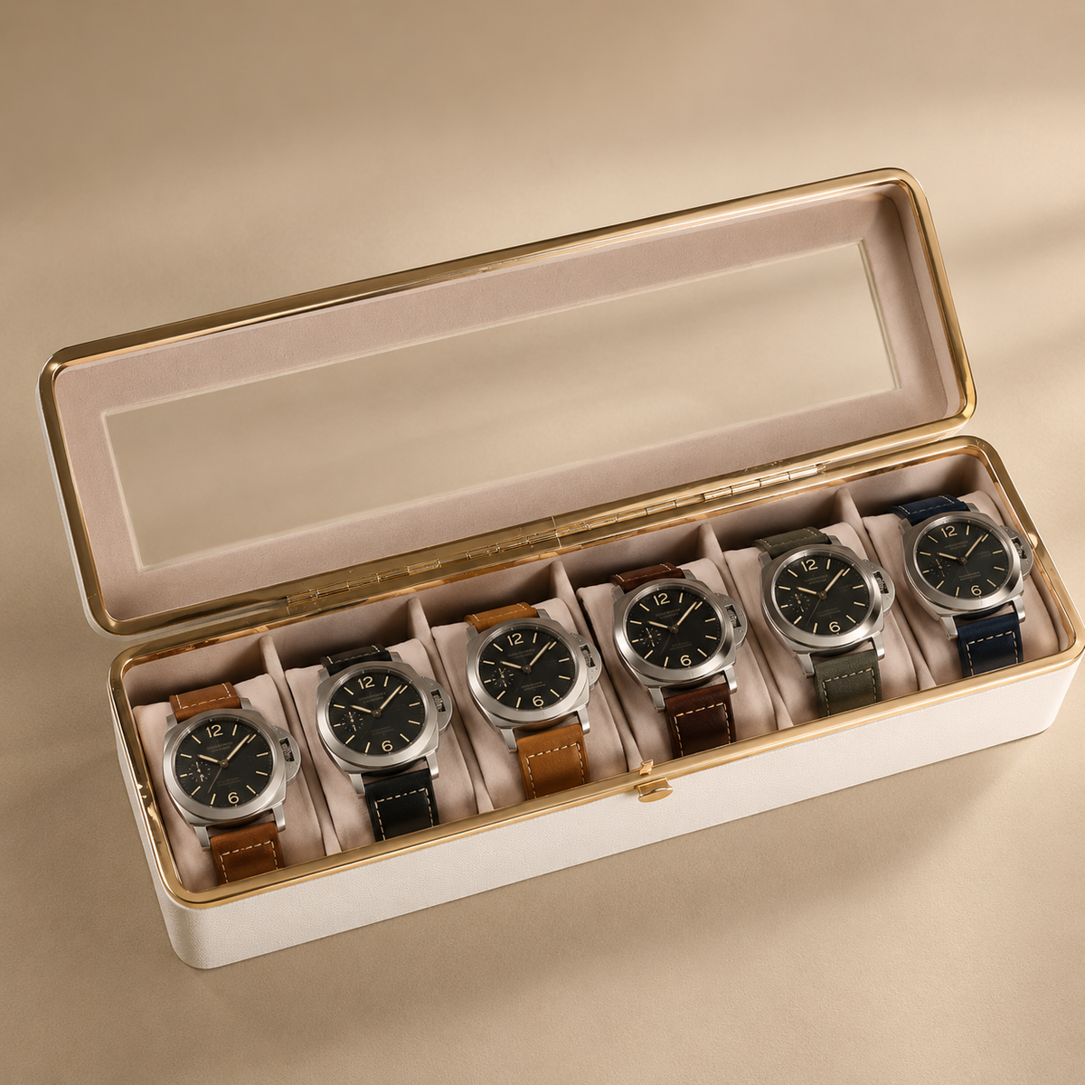 Boîte à montres en simili cuir blanc, ouverte avec 6 montres, sur fond clair