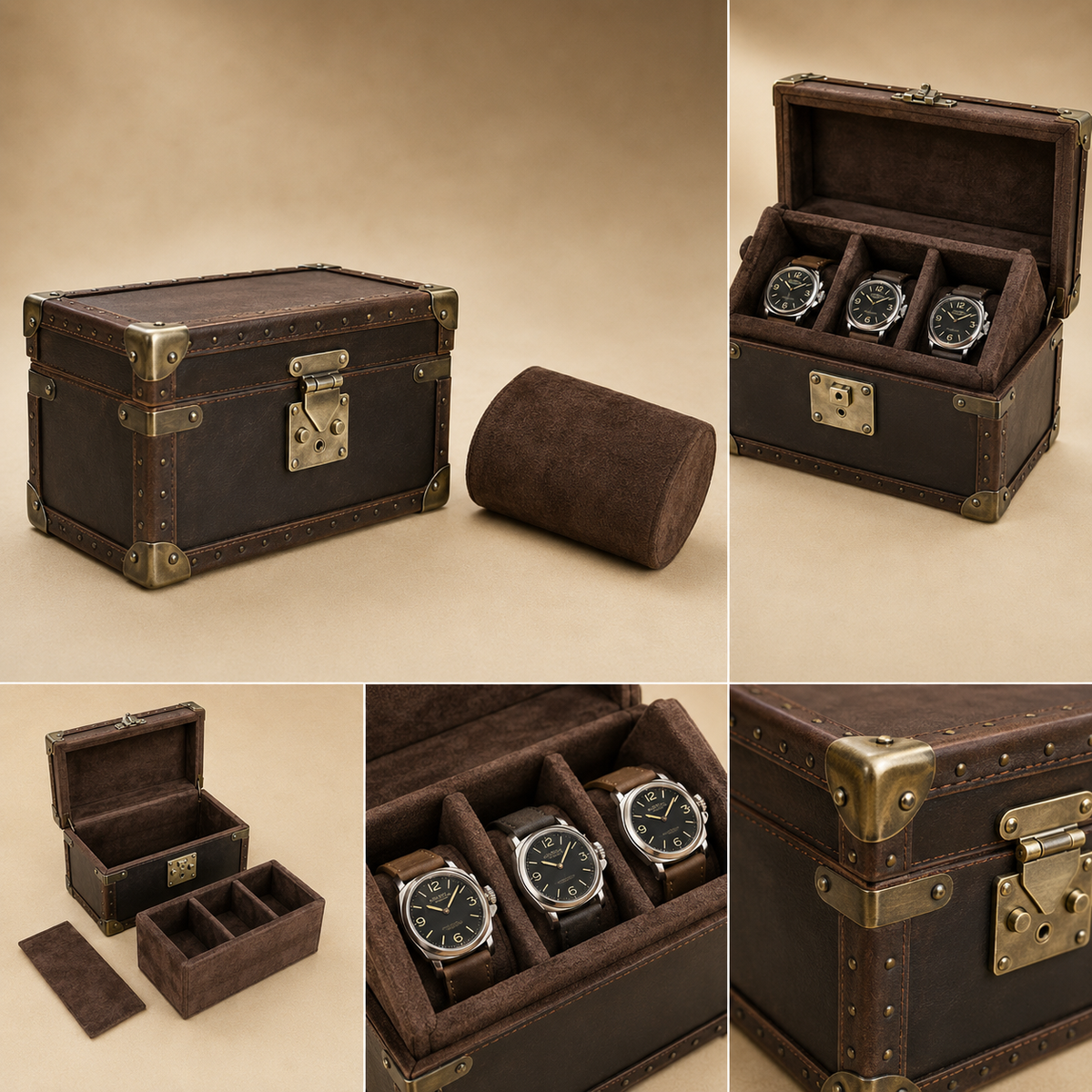 Malle à montres en cuir marron : coussin, ouverte avec 3 montres, plateau vide et coin renforcé