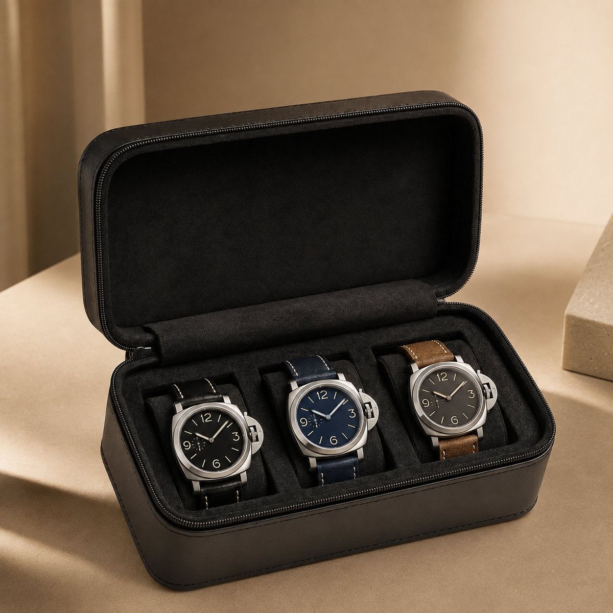 Étui à montres en cuir noir ouvert avec 3 montres, vue rapprochée