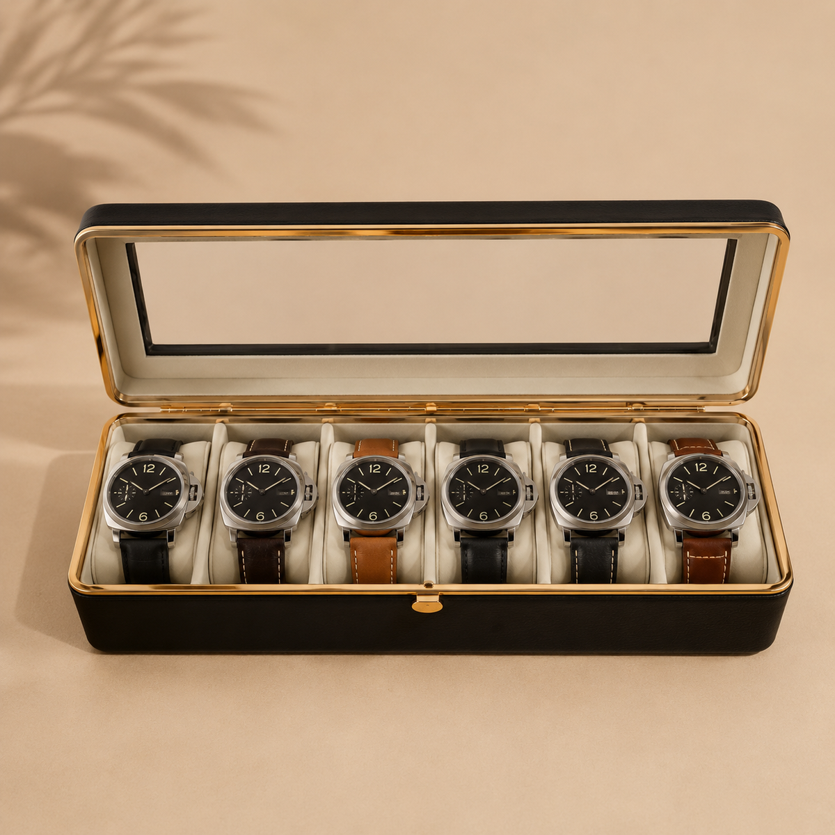 Boîte à montres en simili cuir noir avec bordures dorées, ouverte avec 6 montres