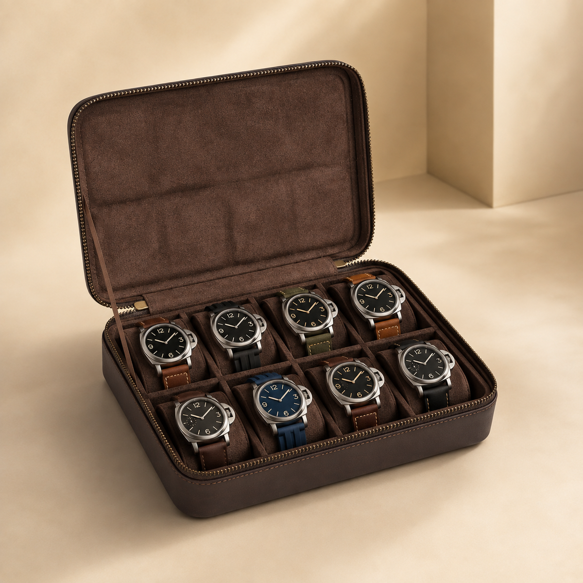 Étui à montres en cuir marron zippé ouvert avec 8 montres