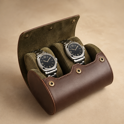Étui à montres en cuir marron ouvert avec 2 montres, vue de face