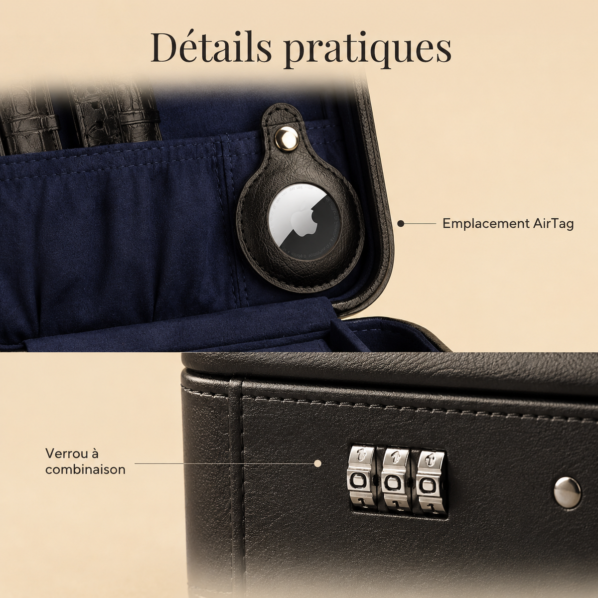 Détails pratiques de la boîte à montres en cuir : emplacement AirTag et verrou à combinaison