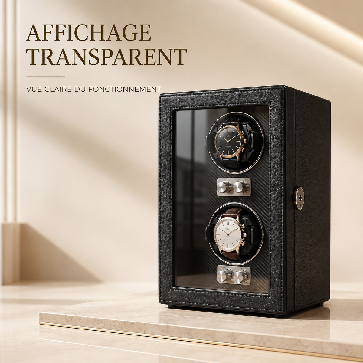 Remontoir pour montres automatiques en cuir PU noir avec affichage transparent, 2 montres visibles