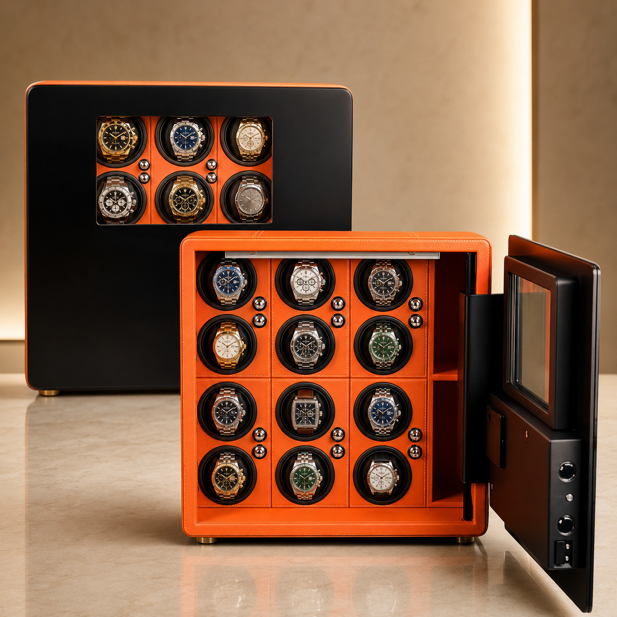 Coffre-fort remontoir automatique, coffre noir 6 montres et coffre orange 12 montres – vue 2