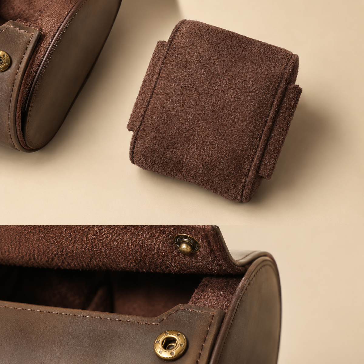 Étui à montre de voyage en cuir Crazy Horse marron, détails de la pochette microfibre et des boutons-pression