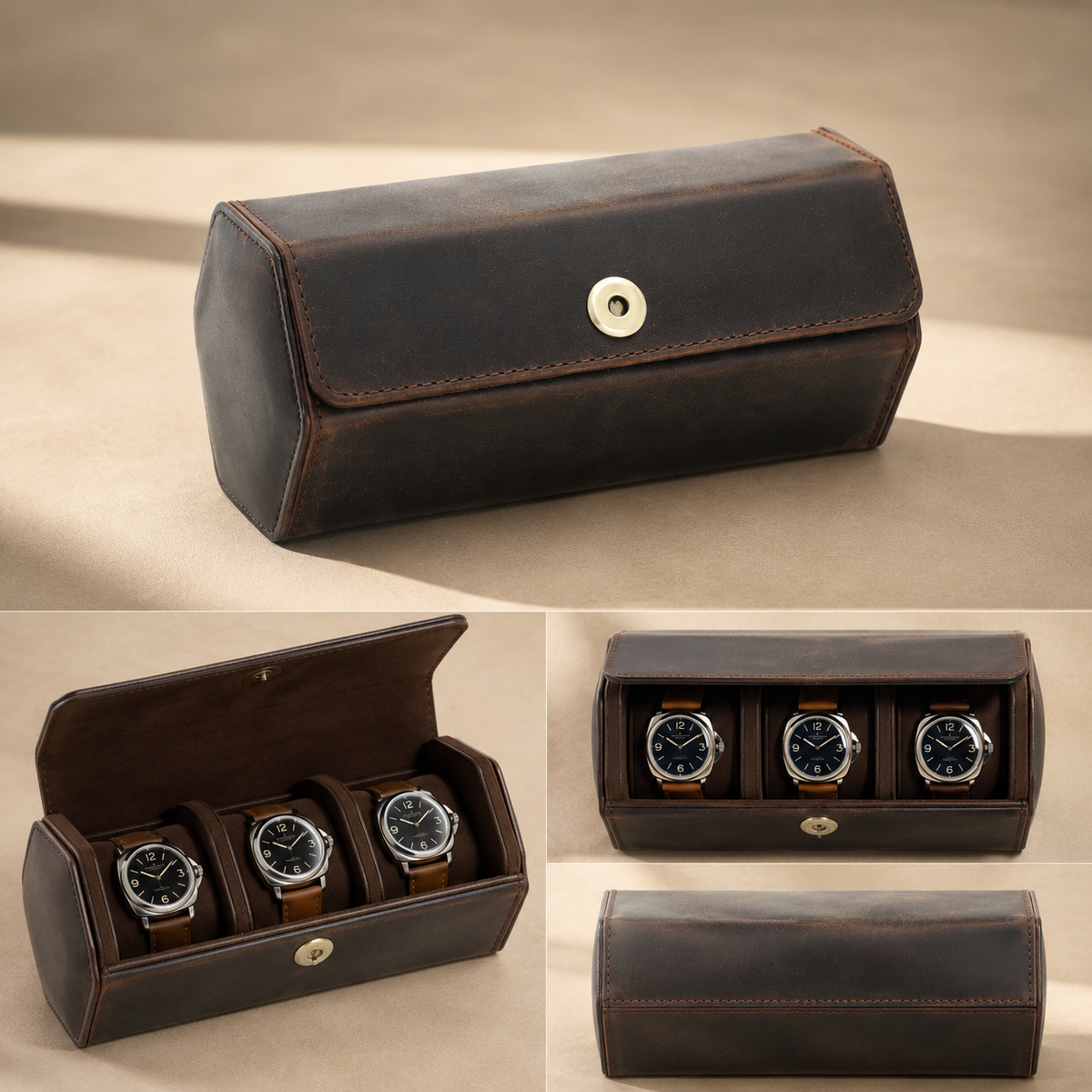 Étui à montres en cuir marron : fermé et ouvert avec 3 montres