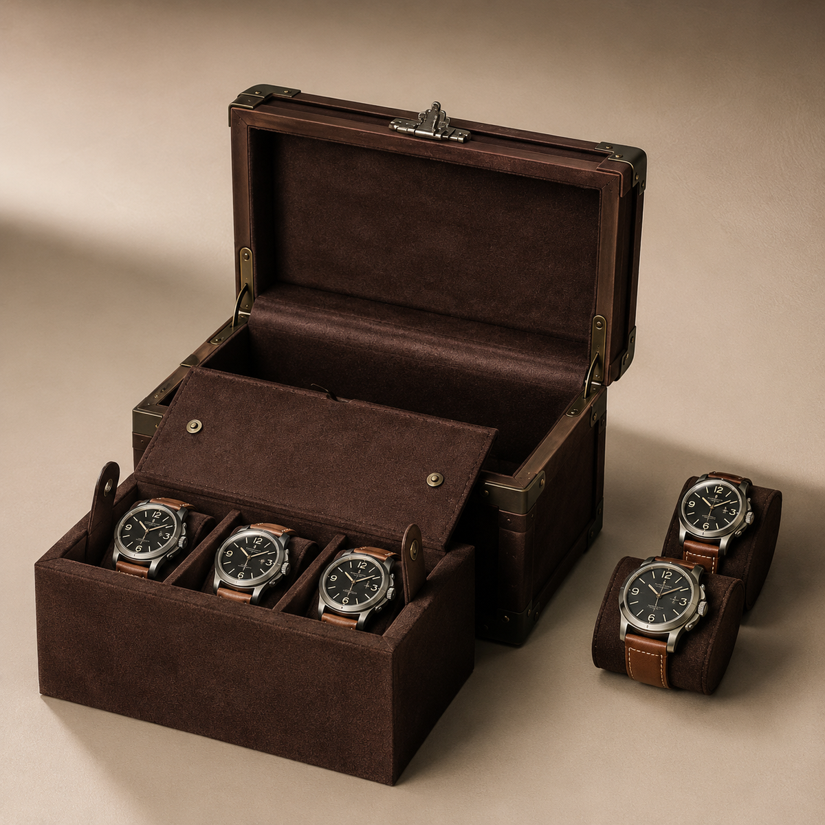 Plateau de 3 montres et 2 montres posées sur coussins, malle ouverte vide