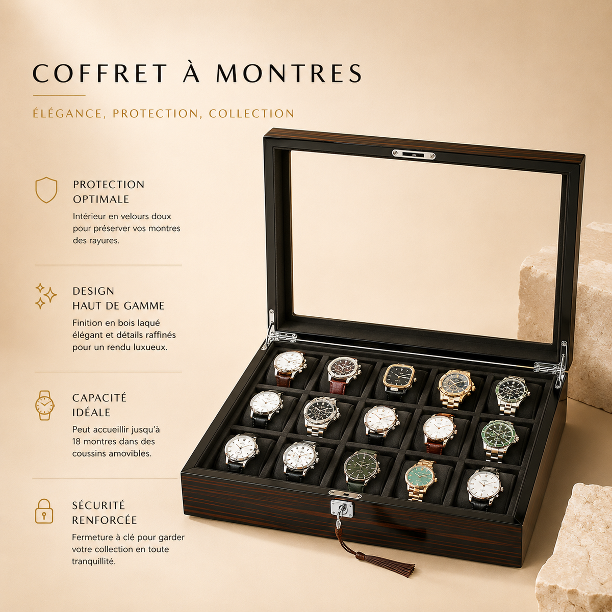 Boîte à montres en bois ouverte avec 15 montres, visuel marketing