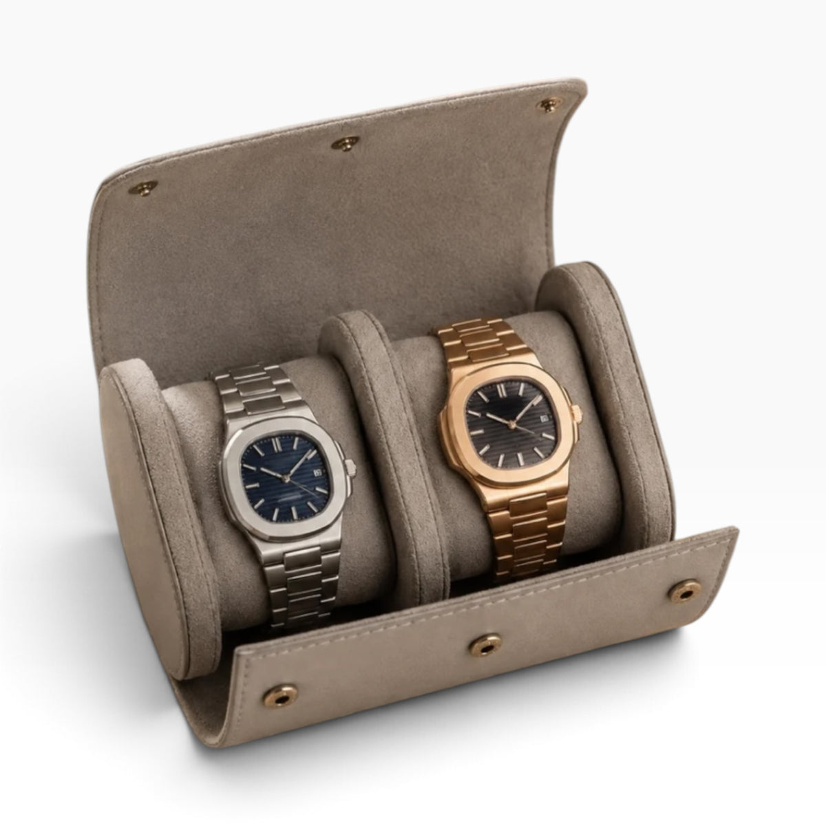 Étui à montre en cuir gris ouvert avec 2 montres