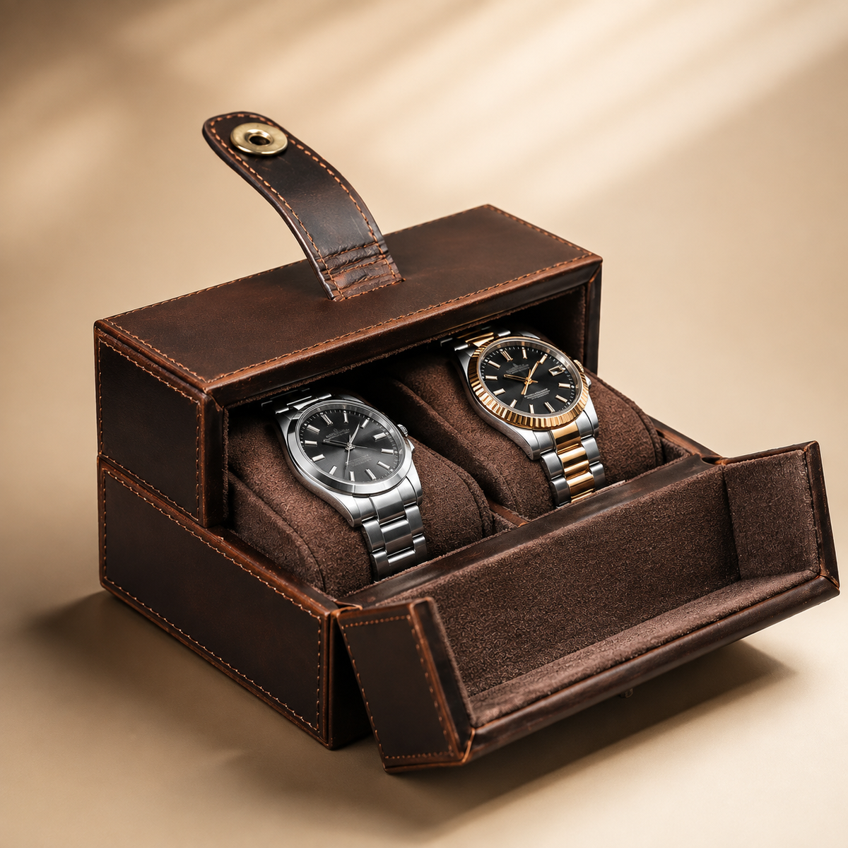 Boîte à montres de voyage en cuir véritable marron, ouverte avec 2 montres – vue 3