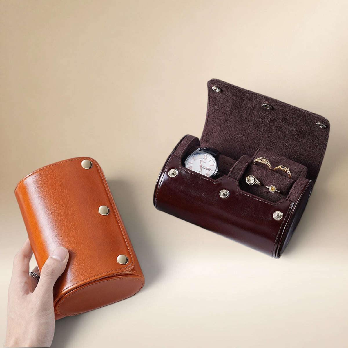 Étui à Montre en Cuir Véritable avec Rangement pour Bagues - 2 Montres