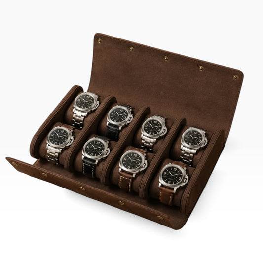 Étui de voyage à montres en cuir véritable marron à rabat, ouvert avec 8 montres