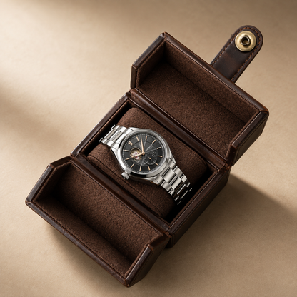 Boîte à montre de voyage en cuir véritable marron, ouverte avec 1 montre – vue 3