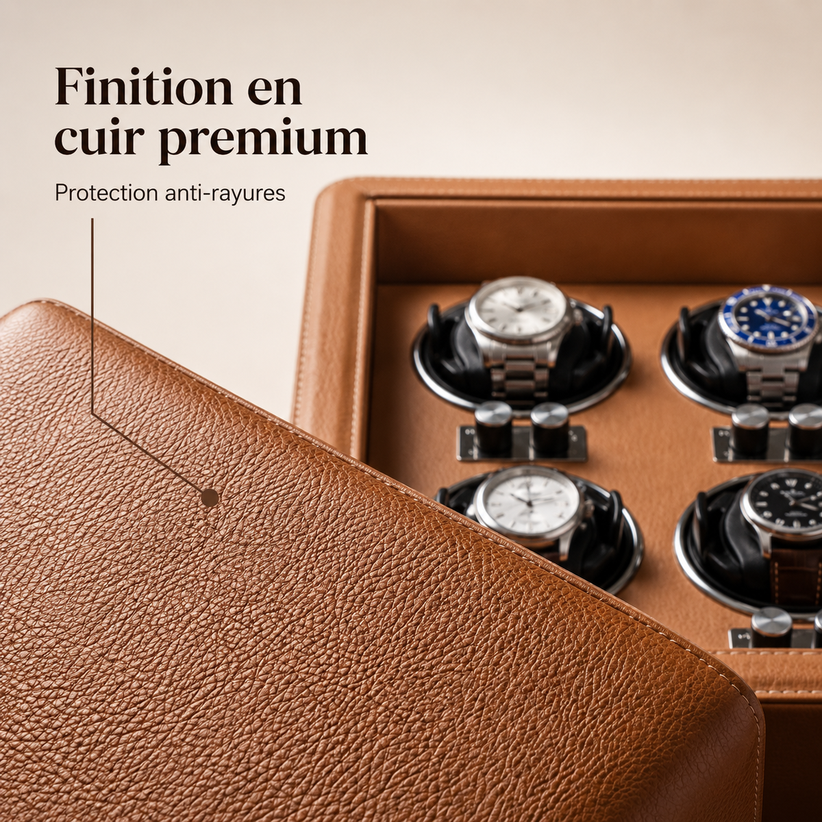 Remontoir automatique en cuir camel : finition et protection anti-rayures, avec 4 montres