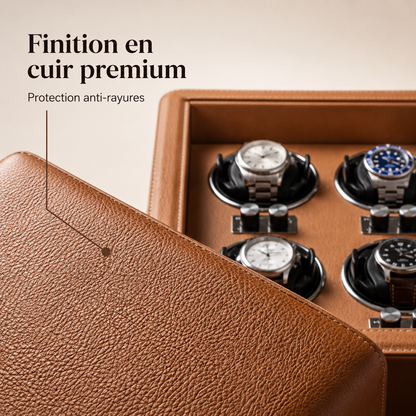 Remontoir automatique en cuir camel : finition et protection anti-rayures, avec 4 montres
