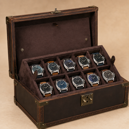Malle à montres en cuir nubuck marron ouverte avec 10 montres, vue de face